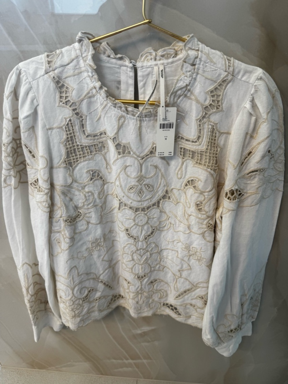 Anthropologie White Blouse with Cream Embroidered Cutwork